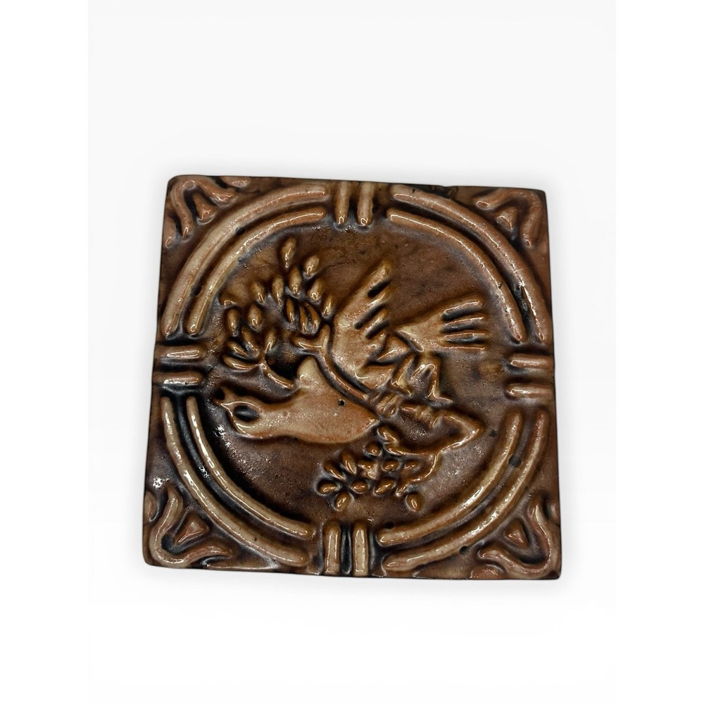 Mercer Moravian Pottery Tile Works Bird Dove Olive Branch Square Tile Brown 3.5"